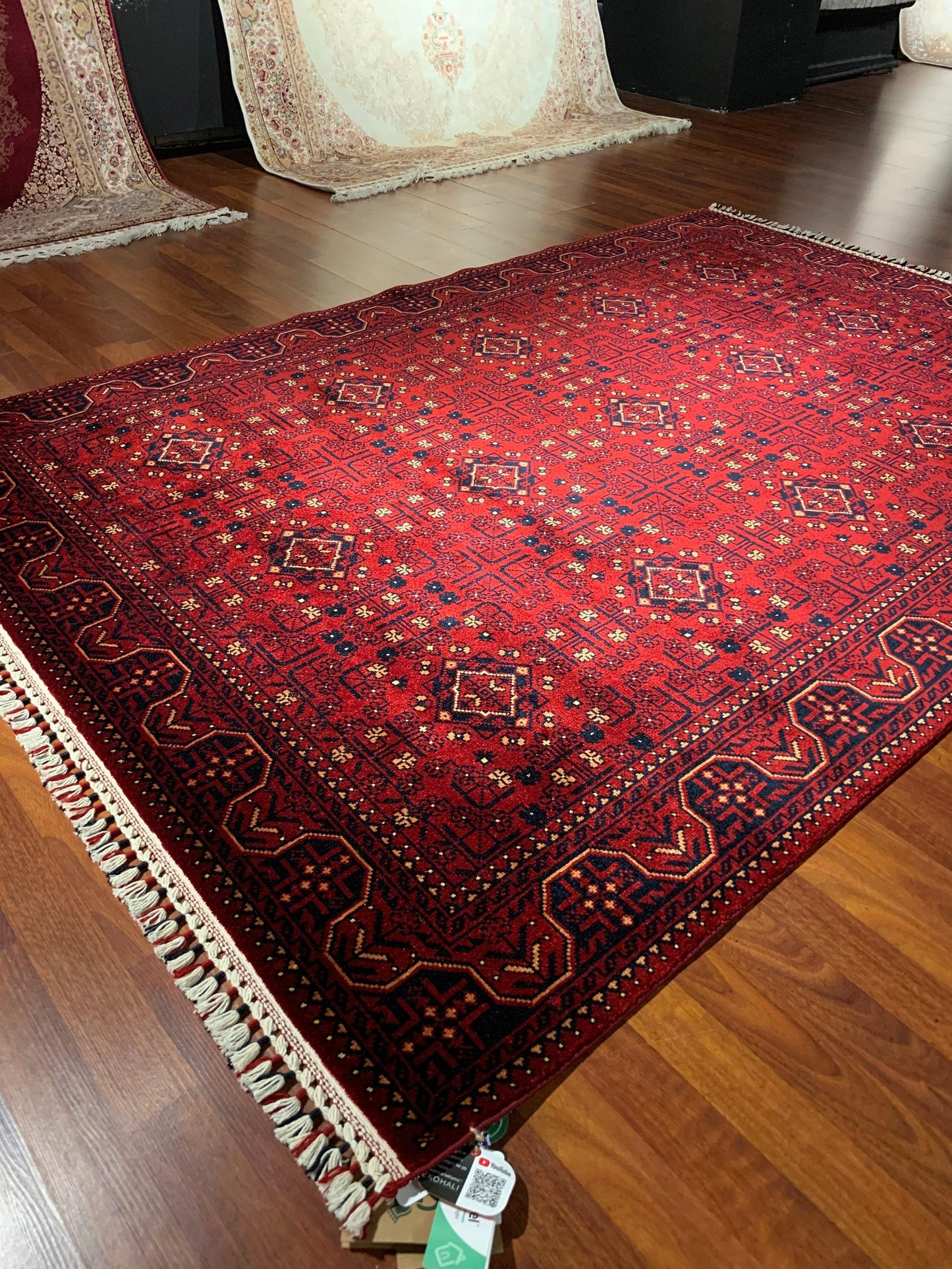 5x8 Silk Rug, Red Tribal Diamond Pattern, Turkish Oushak Style, Fringe Living Room Rug