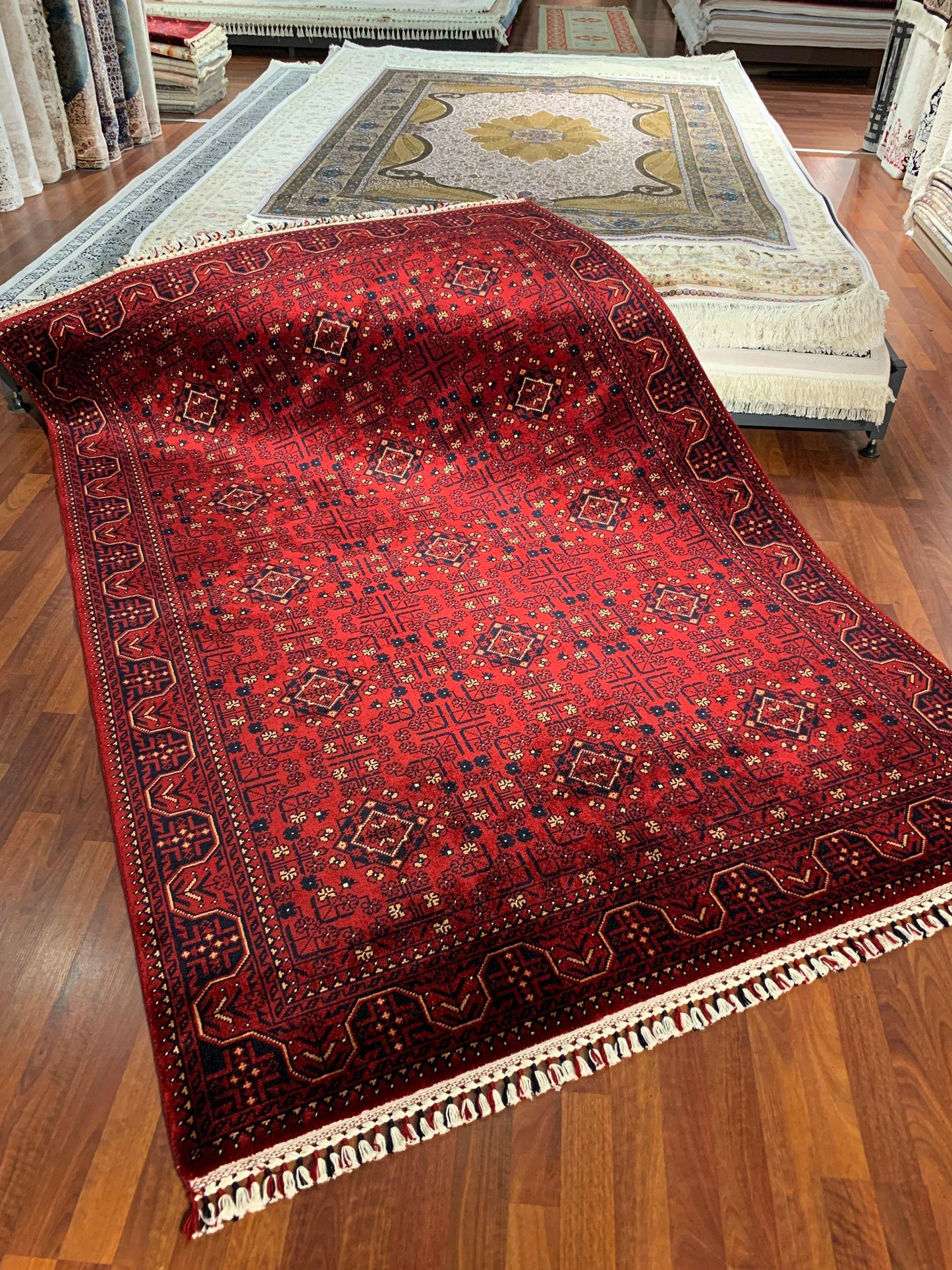 5x8 Silk Rug, Red Tribal Diamond Pattern, Turkish Oushak Style, Fringe Living Room Rug