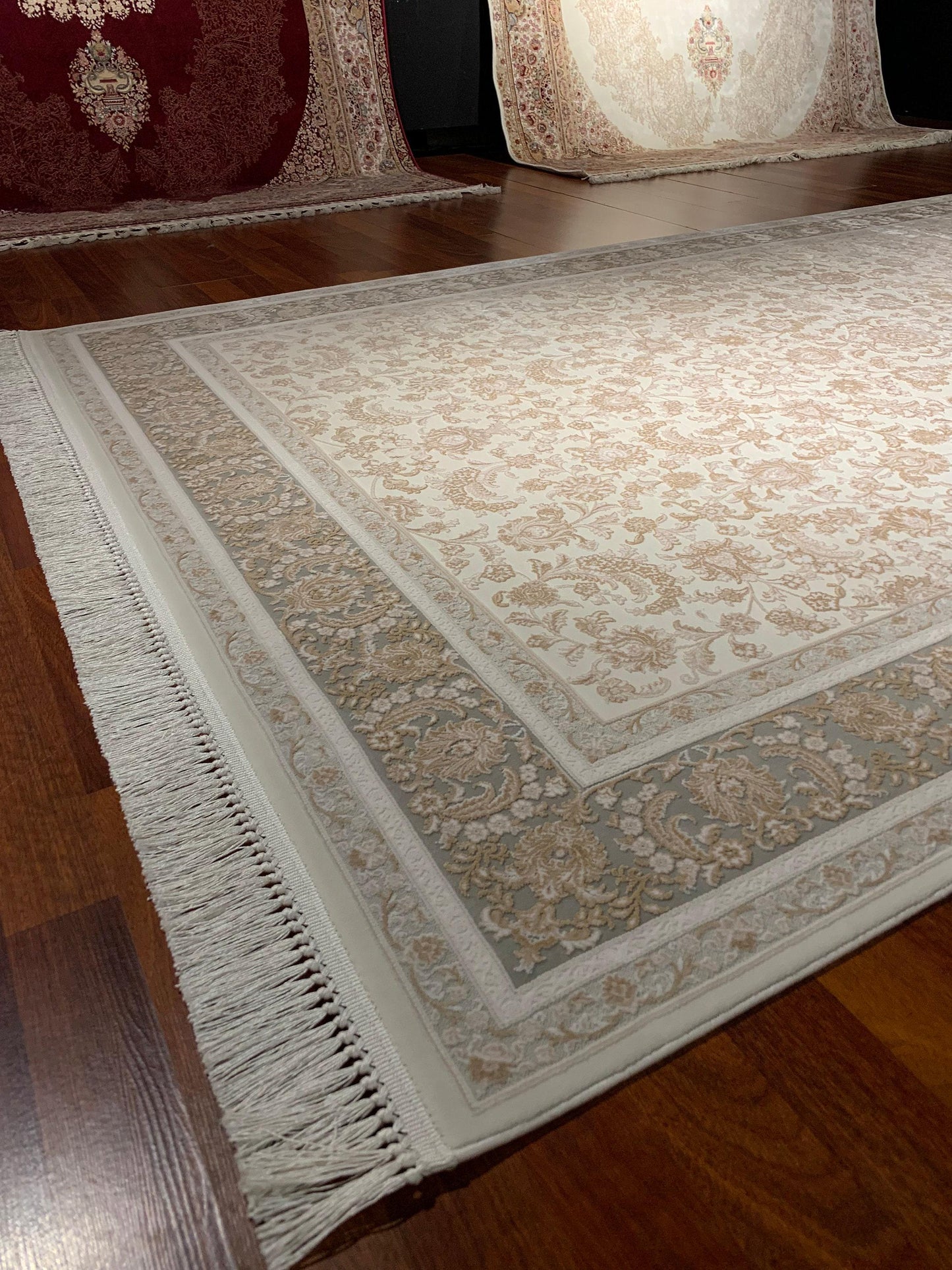 5x8 Bamboo Rug, Ivory Beige Floral, Classic Border, Luxury Living Room Area Rug