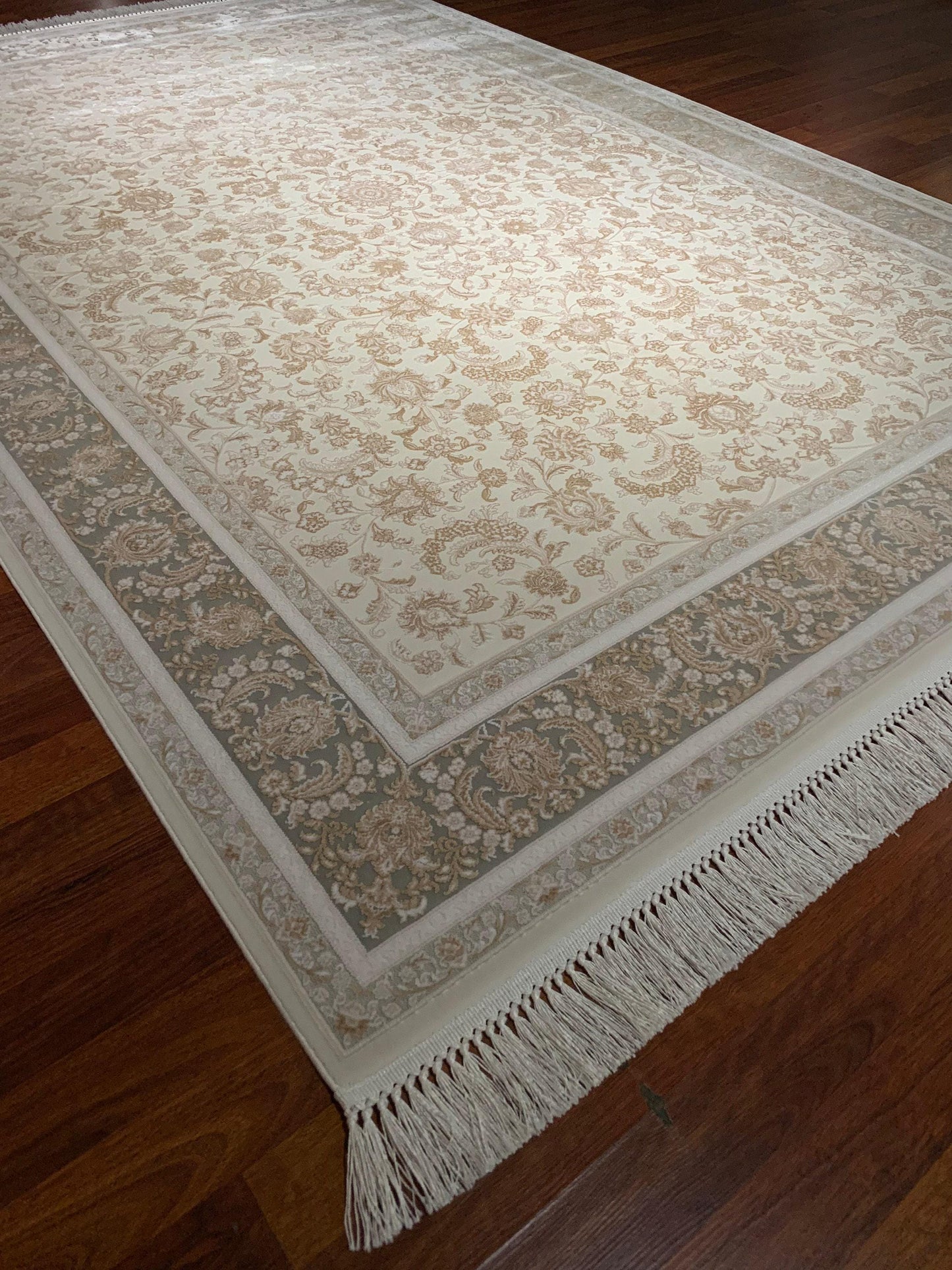 5x8 Bamboo Rug, Ivory Beige Floral, Classic Border, Luxury Living Room Area Rug