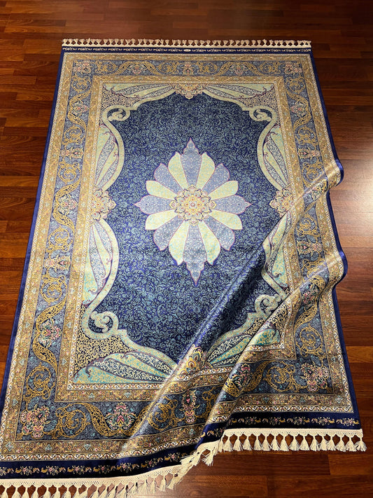 5x8 Silk Rug, Navy Lotus Medallion, Gold Floral Border, Turkish Oriental Luxury Carpet