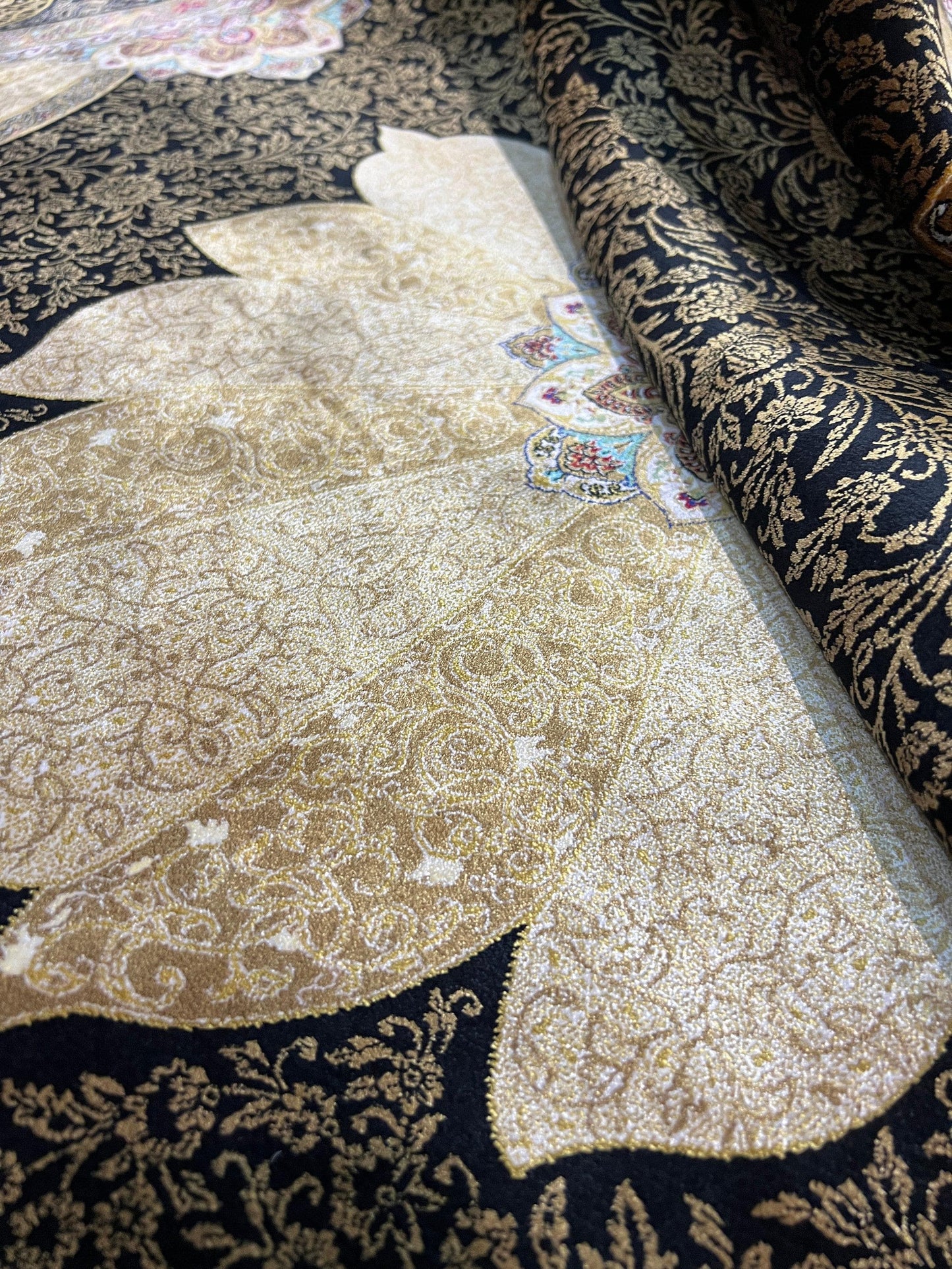 5x8 Silk Rug, Black Gold Lotus Medallion, Luxury Living Room Rug, Turkish Oriental Carpet