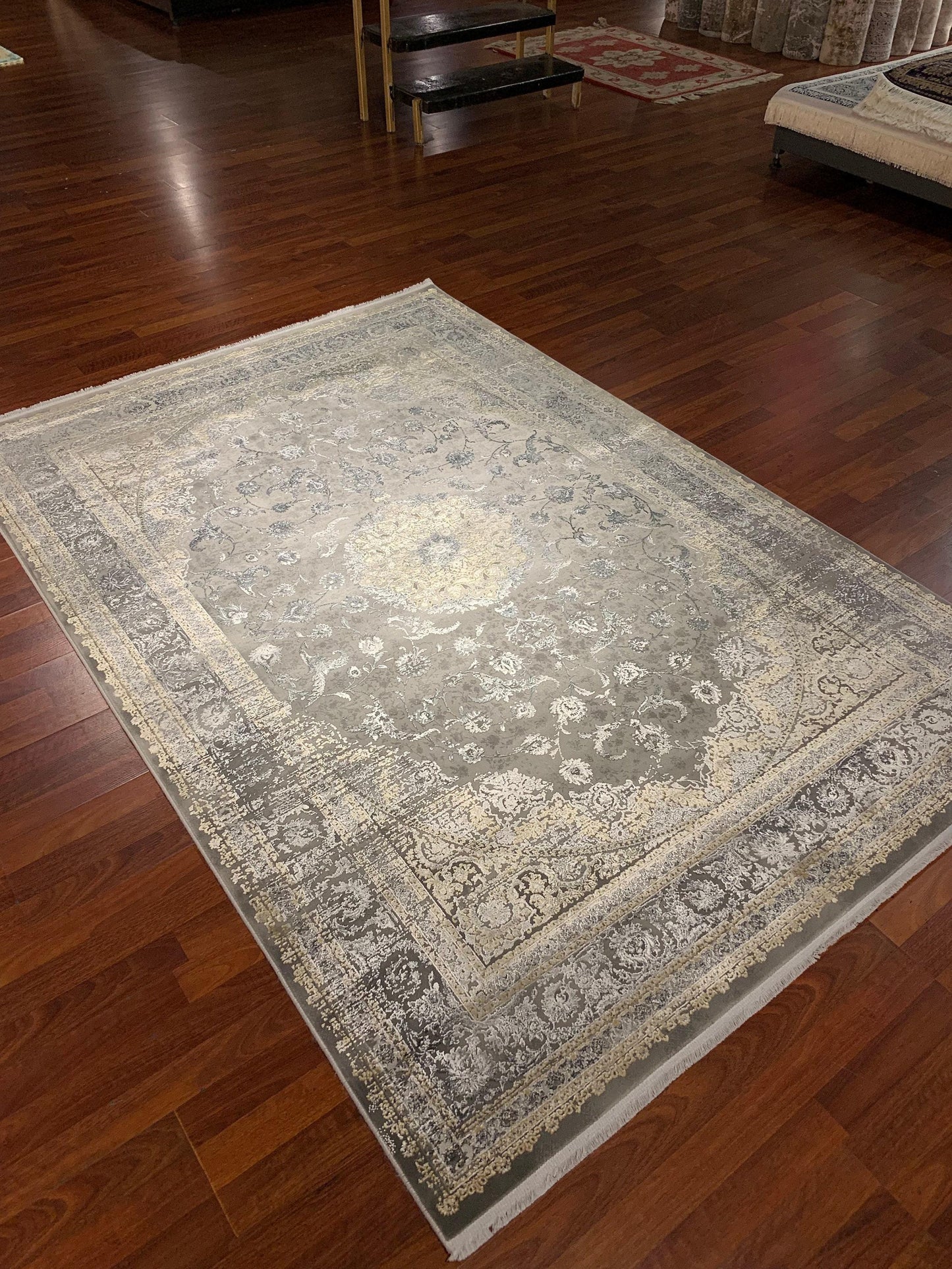 5x8 Modern Rug, Beige Greige Medallion, Vintage Wash Border, Turkish Area Rug