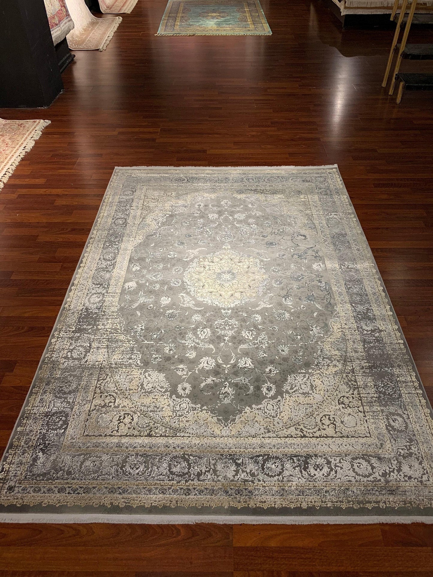 5x8 Modern Rug, Beige Greige Medallion, Vintage Wash Border, Turkish Area Rug