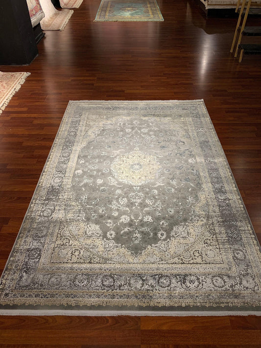 5x8 Modern Rug, Beige Greige Medallion, Vintage Wash Border, Turkish Area Rug