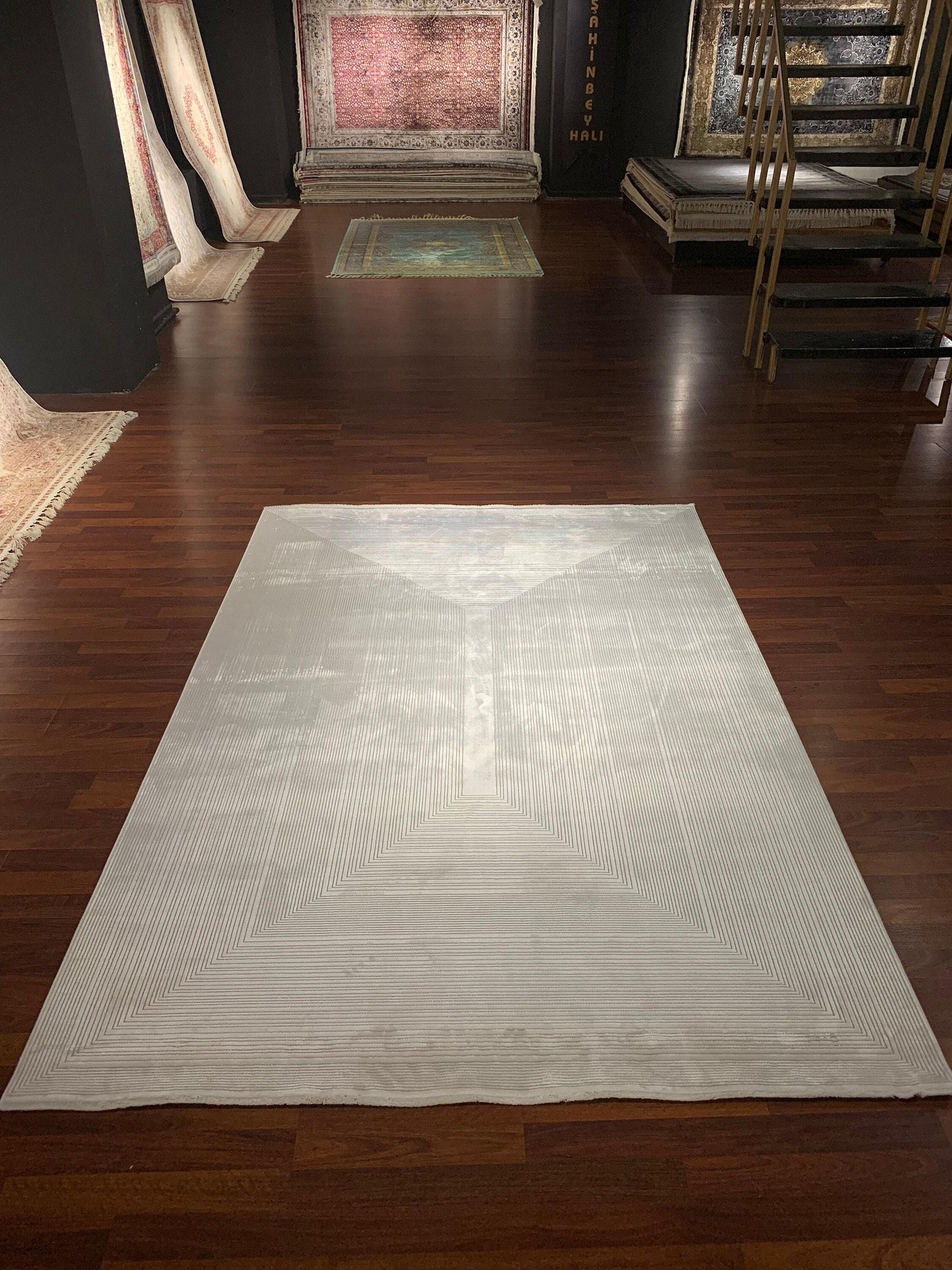 5x8 Modern Rug, Light Gray Geometric Lines, Minimal Turkish Area Rug, Office Living Room