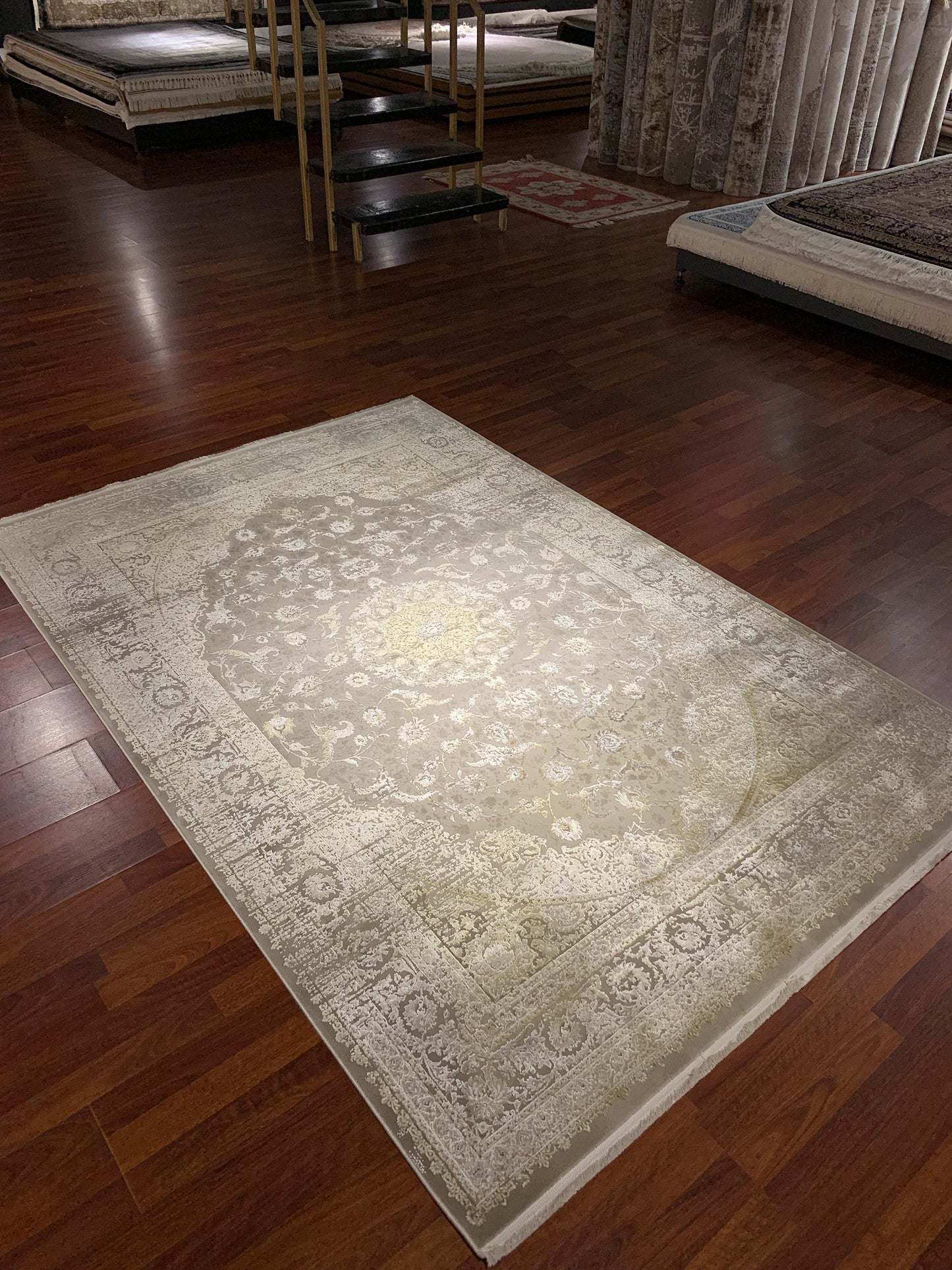 5x8 Beige Gold Rug, Faded Floral Medallion, Turkish Modern Carpet, Living Room Decor