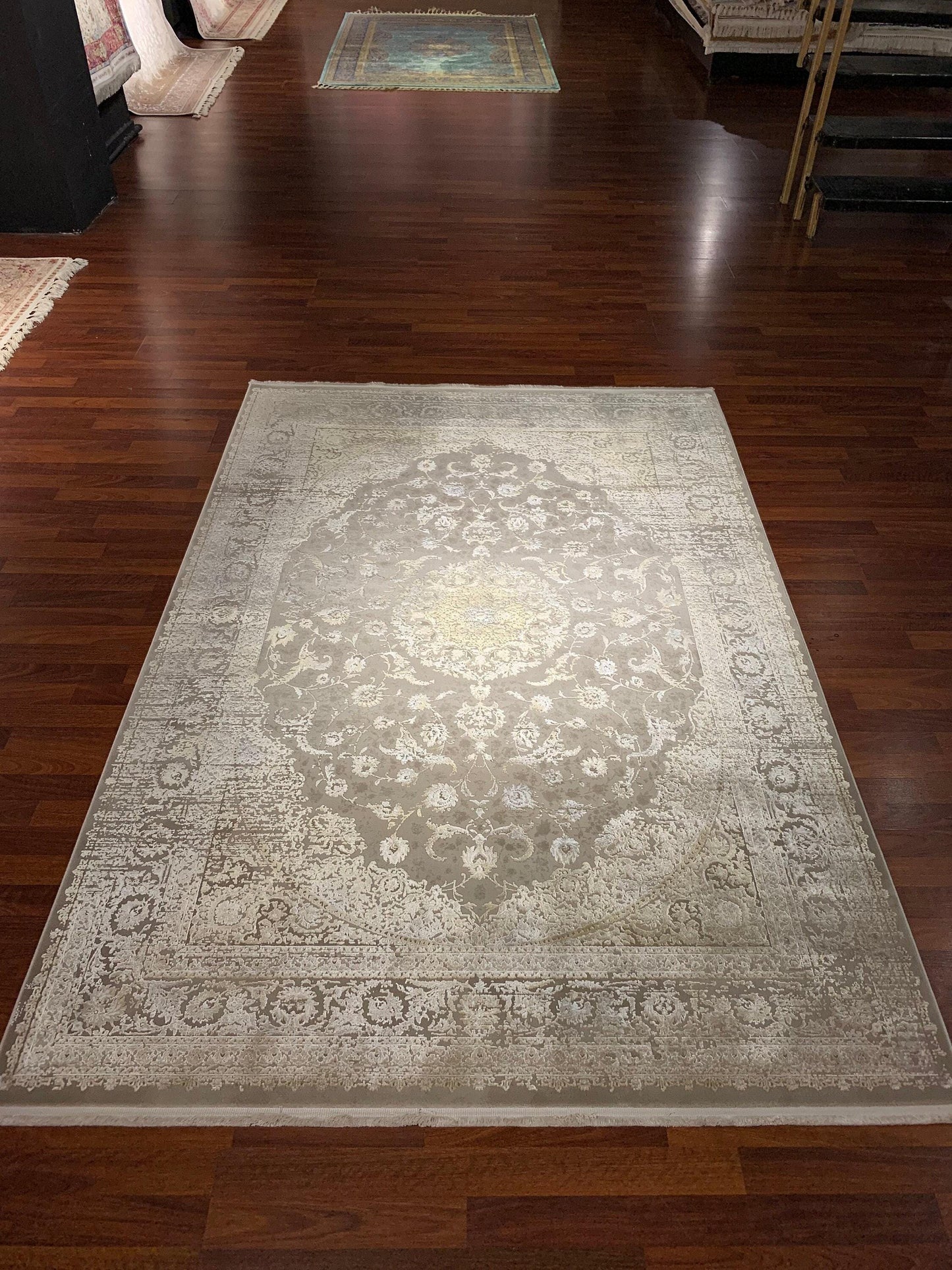 5x8 Beige Gold Rug, Faded Floral Medallion, Turkish Modern Carpet, Living Room Decor