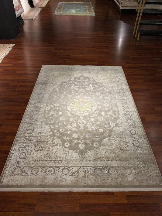 5x8 Beige Gold Rug, Faded Floral Medallion, Turkish Modern Carpet, Living Room Decor