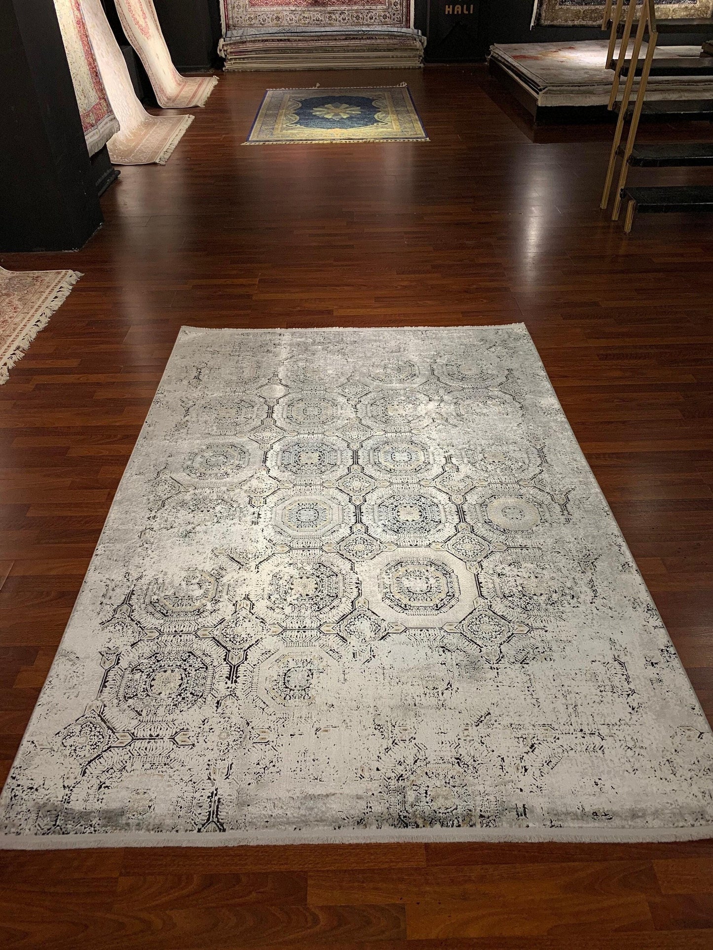 5x8 Bamboo Rug, Gray Beige Geometric Trellis, Turkish Area Rug, Modern Living Room Carpet