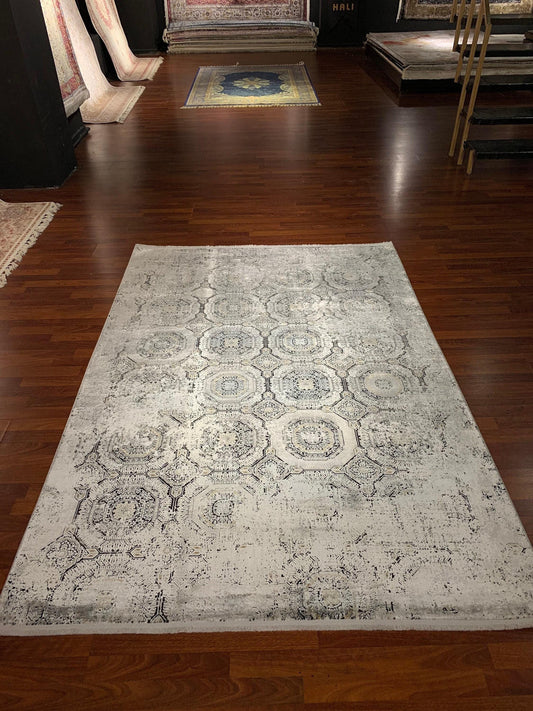 5x8 Bamboo Rug, Gray Beige Geometric Trellis, Turkish Area Rug, Modern Living Room Carpet