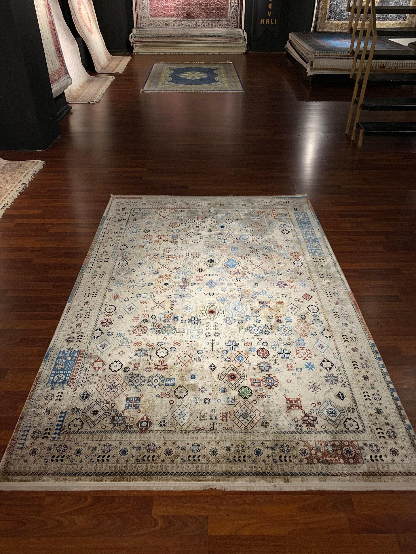5x8 Turkish Rug, Ivory Tribal Symbols, Colorful Boho Pattern, Modern Area Rug