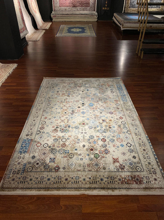 5x8 Turkish Rug, Ivory Tribal Symbols, Colorful Boho Pattern, Modern Area Rug