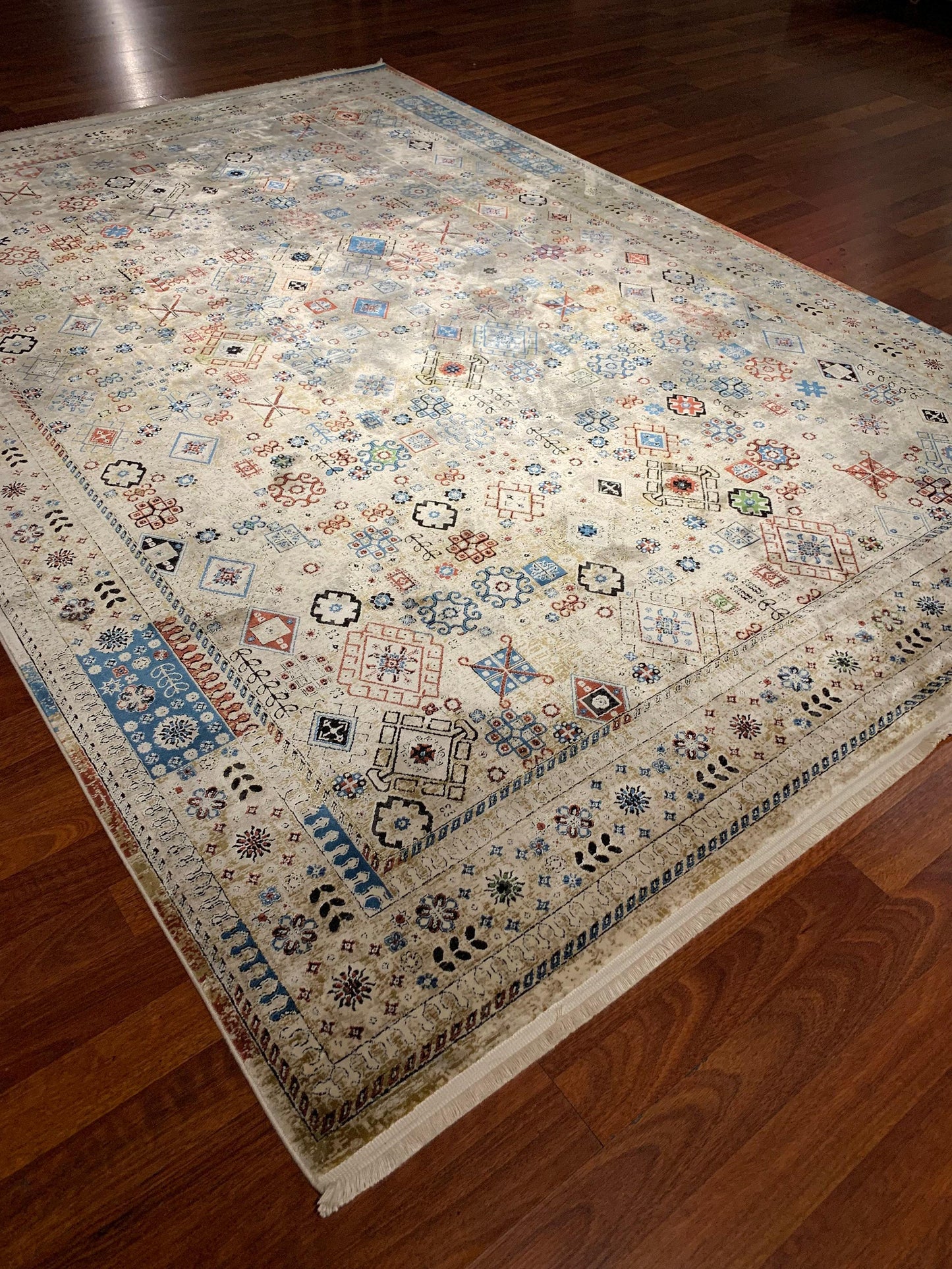 5x8 Turkish Rug, Ivory Tribal Symbols, Colorful Boho Pattern, Modern Area Rug