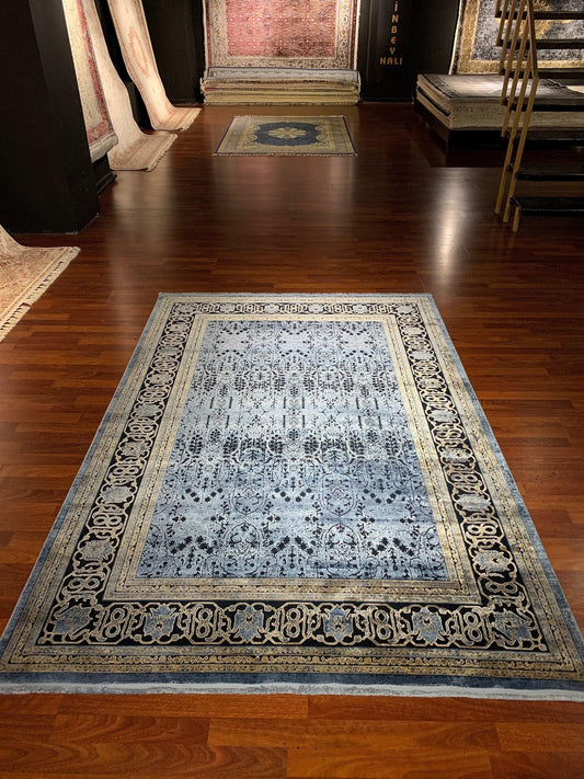 5x8 Blue Silk Rug, Turkish Silk Carpet, Oriental Silk Rug, Luxury Living Room Rug