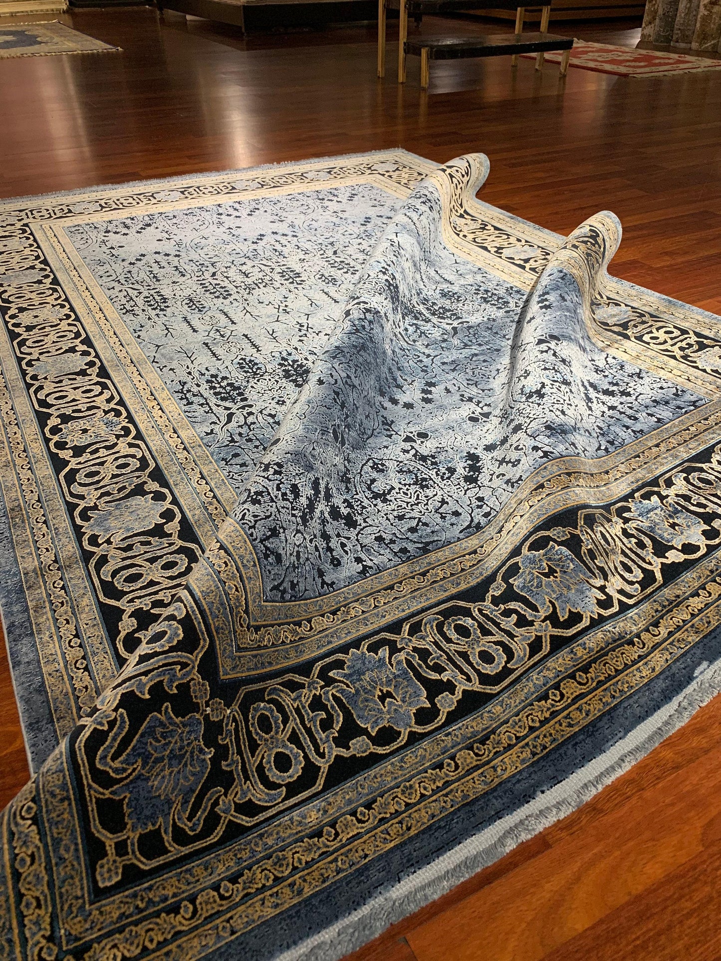 5x8 Blue Silk Rug, Turkish Silk Carpet, Oriental Silk Rug, Luxury Living Room Rug