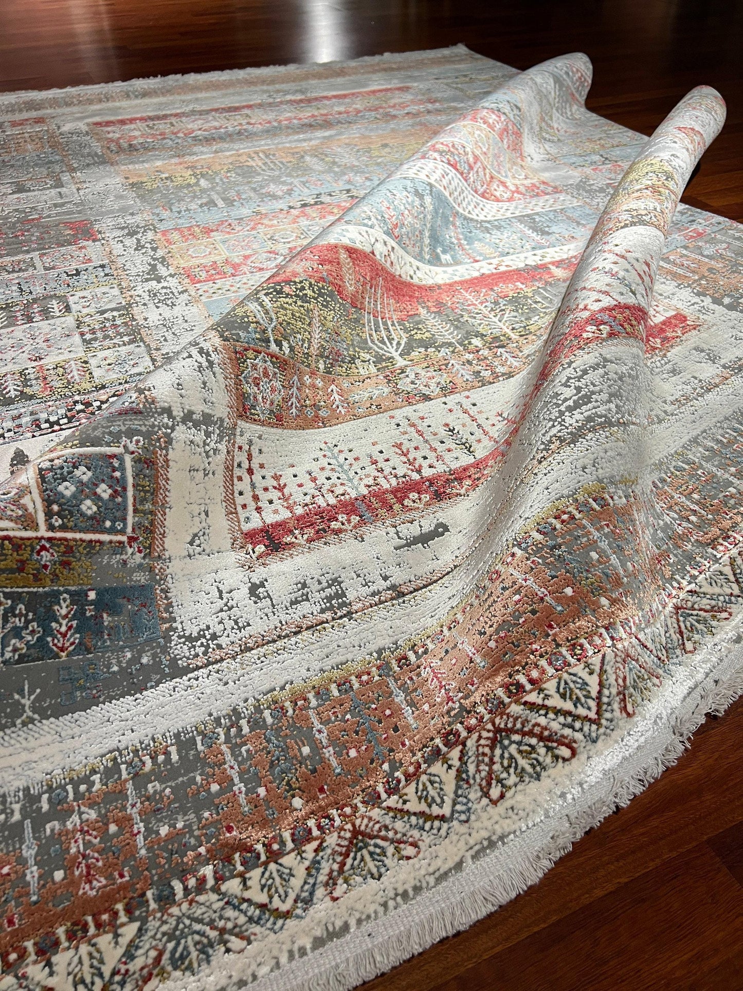 5x8 Colorful Rug, Orange Gray Kilim Pattern, Turkish Boho Area Rug, Bamboo Blend Carpet
