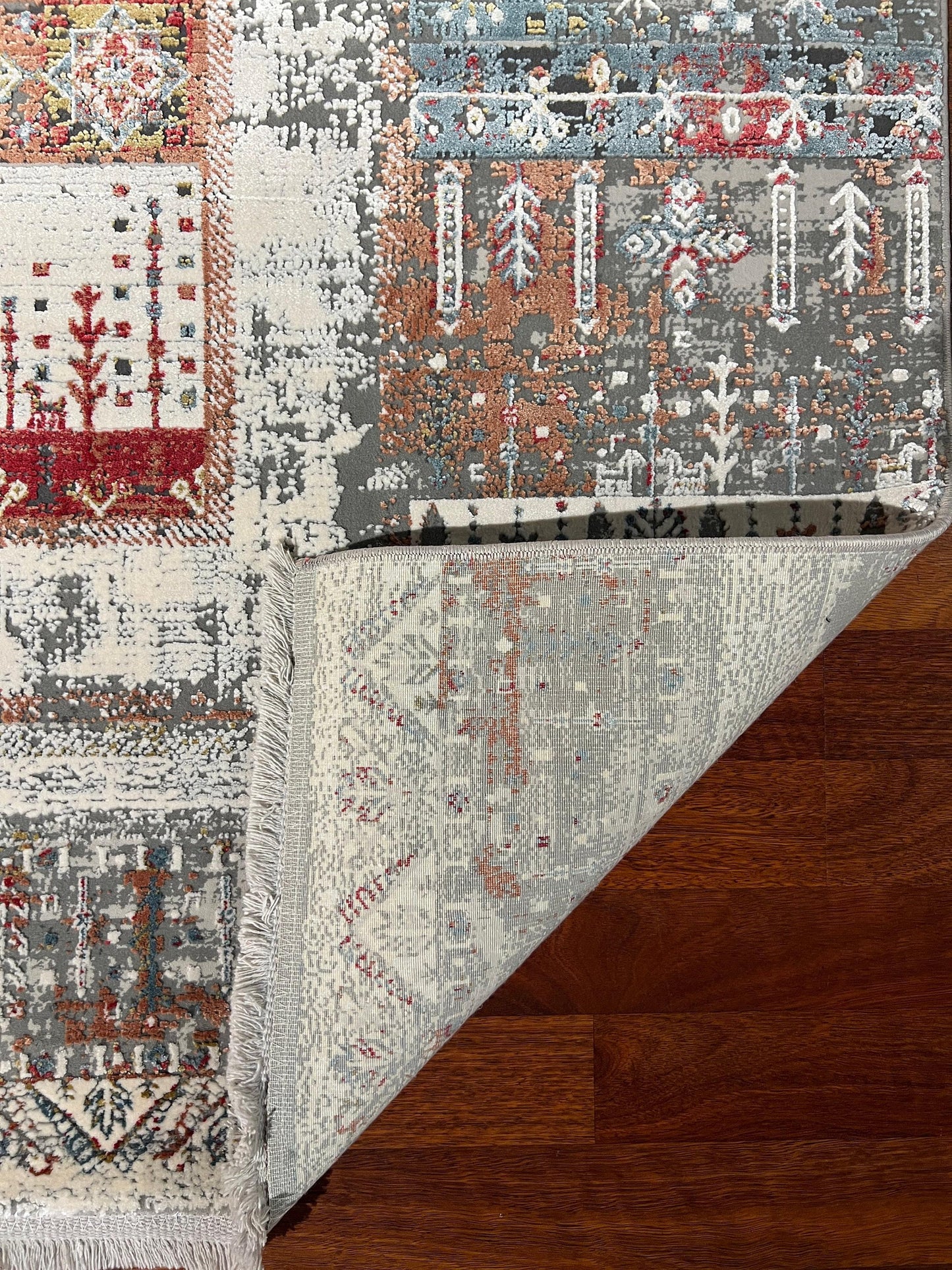 5x8 Colorful Rug, Orange Gray Kilim Pattern, Turkish Boho Area Rug, Bamboo Blend Carpet