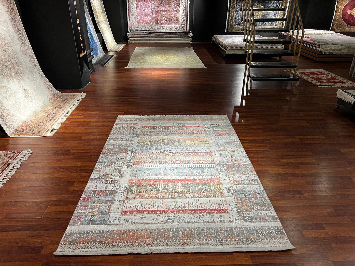 5x8 Colorful Rug, Orange Gray Kilim Pattern, Turkish Boho Area Rug, Bamboo Blend Carpet