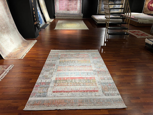 5x8 Colorful Rug, Orange Gray Kilim Pattern, Turkish Boho Area Rug, Bamboo Blend Carpet