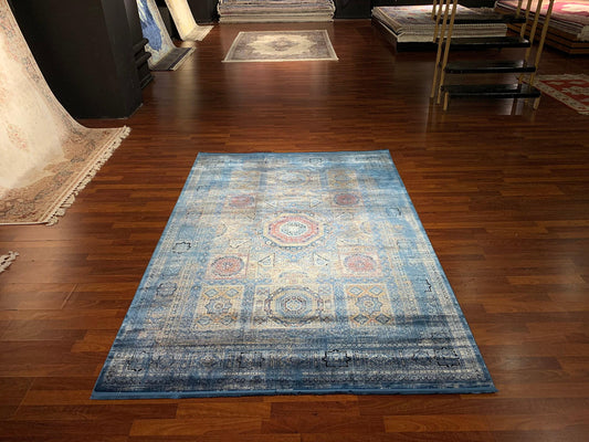 5x8 Blue Silk Rug, Bamboo Silk Carpet, Turkish Area Rug, Vintage Medallion, Luxury Decor