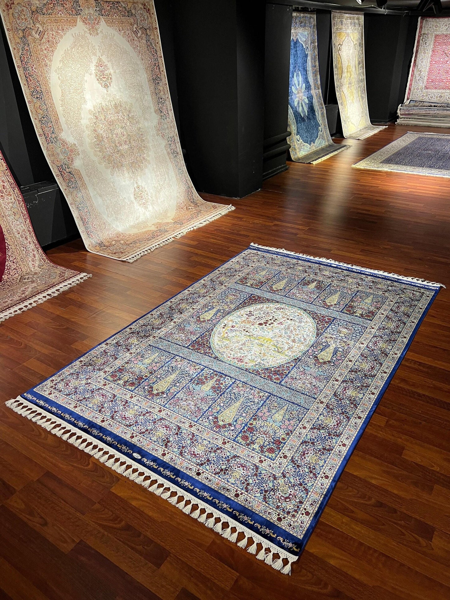 5x8 Silk Rug, Blue Palace Design, Turkish Modal Silk Carpet, Luxury Living Room Decor