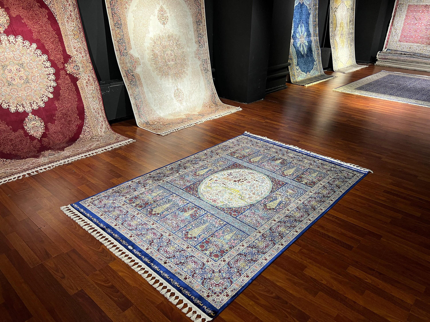 5x8 Silk Rug, Blue Palace Design, Turkish Modal Silk Carpet, Luxury Living Room Decor