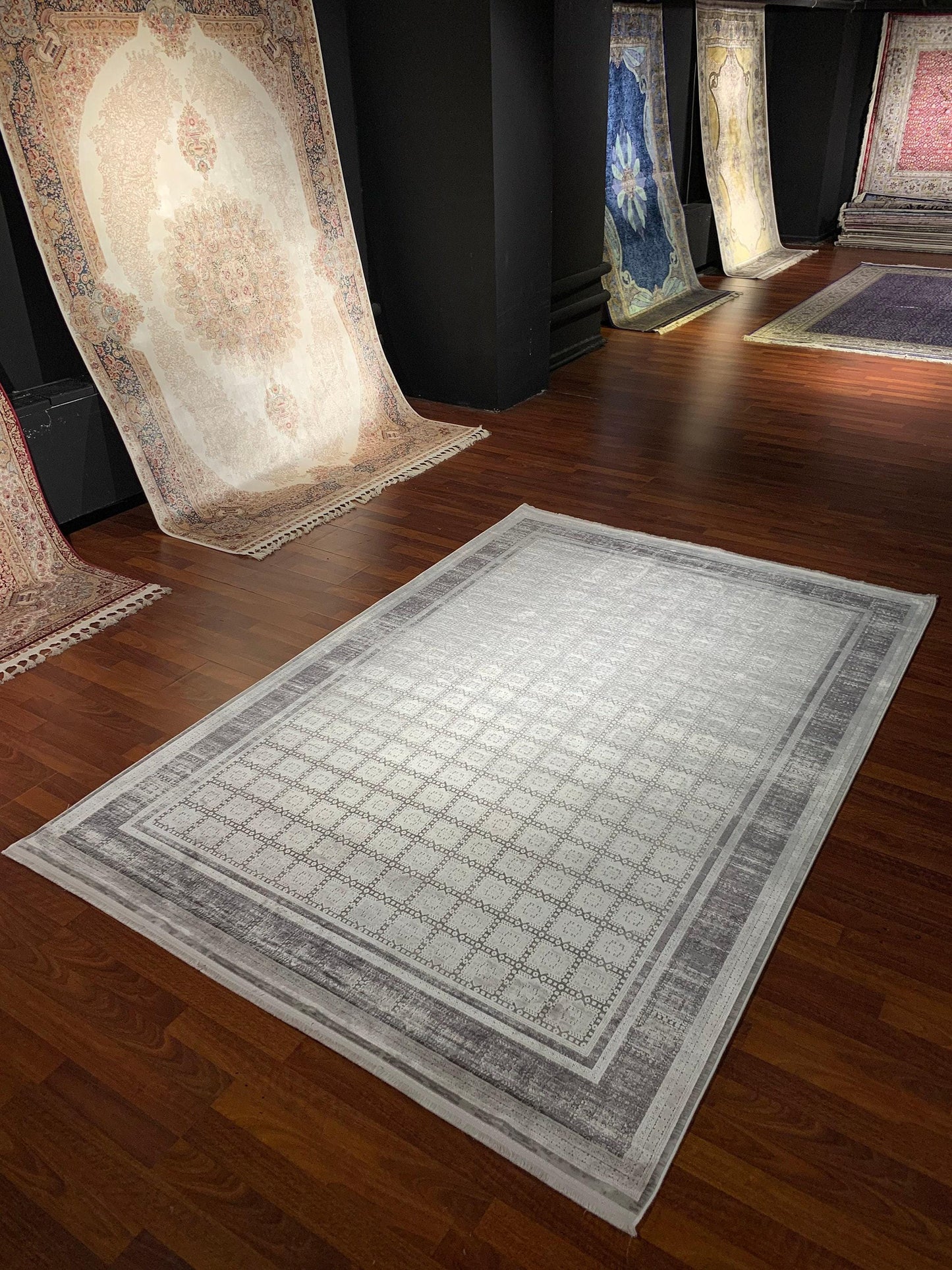 5x8 Bamboo Rug, Beige Square Pattern, Turkish Modern Area Rug, Luxury Living Room Decor