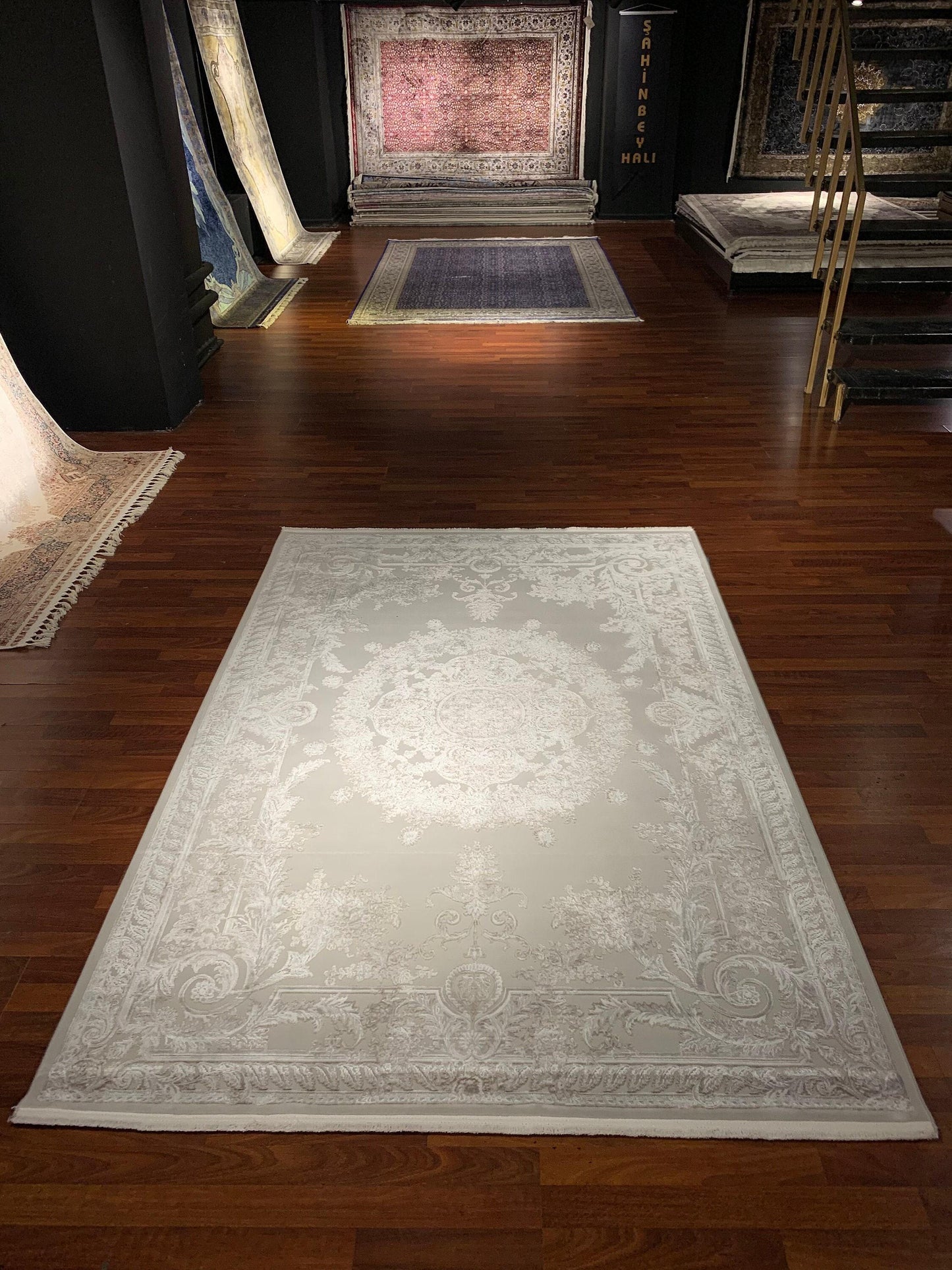 5x8 Area Rug, Beige Bamboo Rug, Neutral Medallion, Turkish Area Rug, Luxury Living Room