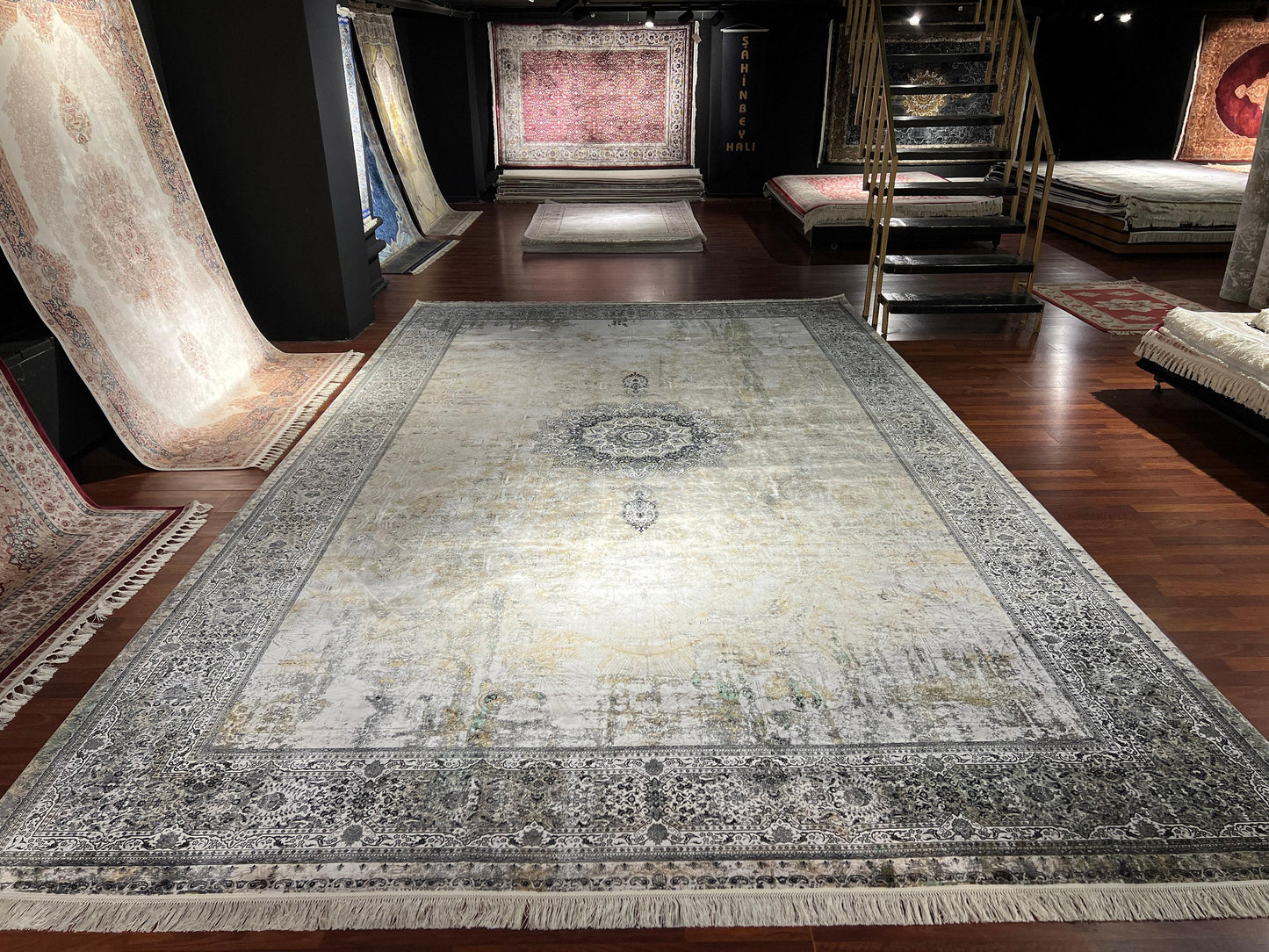 13x16ft Oversized Silk Rug, Beige Blue Oriental Carpet, Luxury Living Room Rug