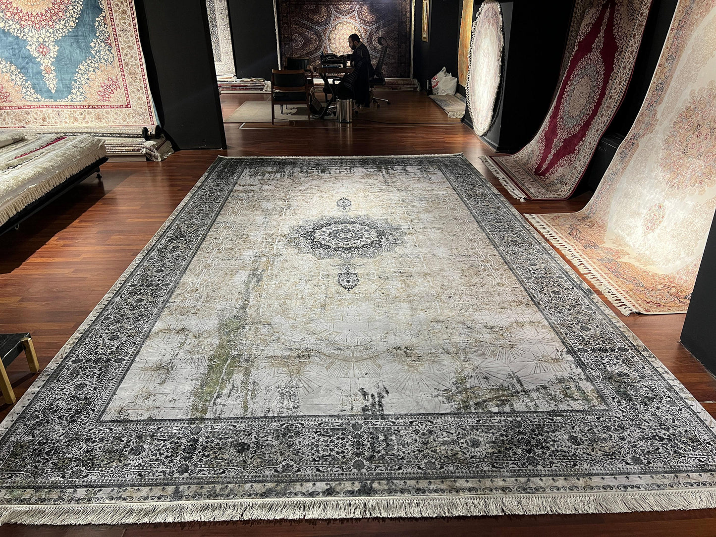 13x16ft Oversized Silk Rug, Beige Blue Oriental Carpet, Luxury Living Room Rug
