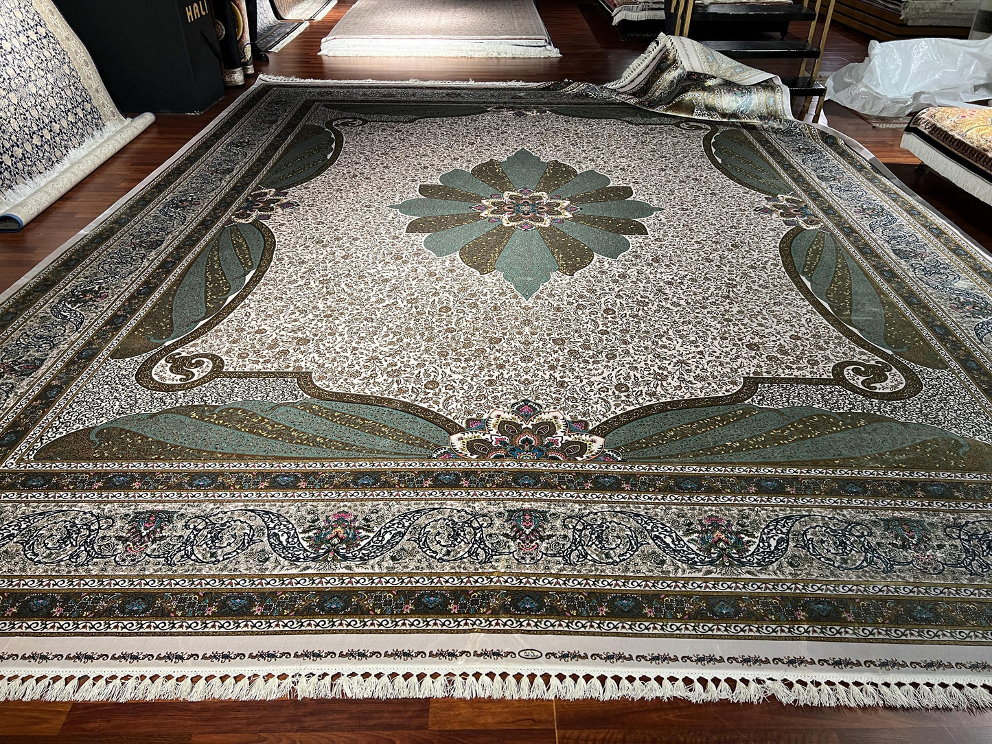 13x16 ft Oversized  Green Beige Silk Rug, Palace Style Carpet, Luxury Living Room Rug