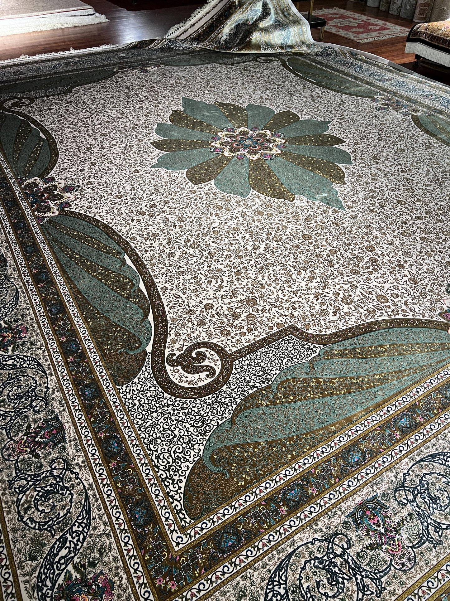 13x16 ft Oversized  Green Beige Silk Rug, Palace Style Carpet, Luxury Living Room Rug