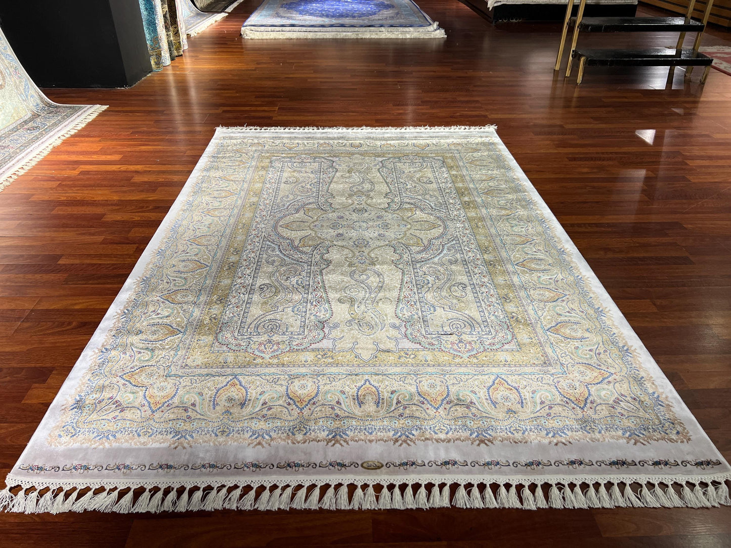 5x8 Silk Rug, Ivory Gold Palace Design, Turkish Modal Silk Carpet, Oriental Area Rug