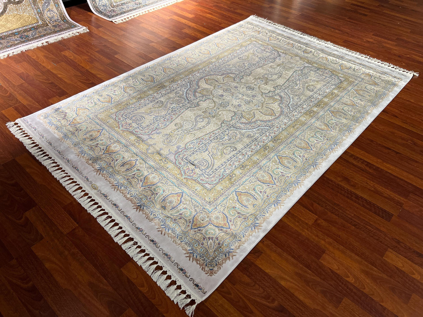 5x8 Silk Rug, Ivory Gold Palace Design, Turkish Modal Silk Carpet, Oriental Area Rug