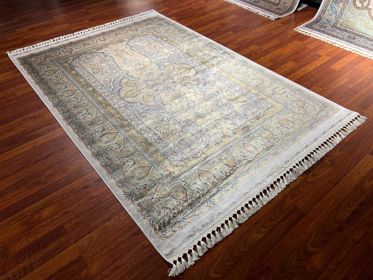 5x8 Silk Rug, Ivory Gold Palace Design, Turkish Modal Silk Carpet, Oriental Area Rug