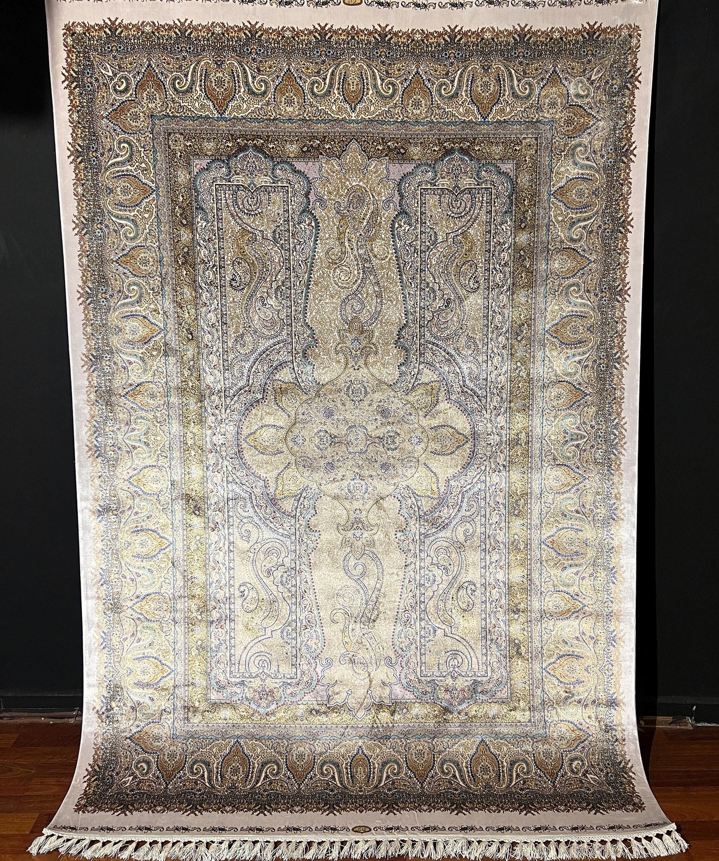5x8 Silk Rug, Ivory Gold Palace Design, Turkish Modal Silk Carpet, Oriental Area Rug