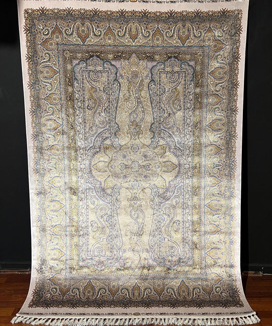 5x8 Silk Rug, Ivory Gold Palace Design, Turkish Modal Silk Carpet, Oriental Area Rug