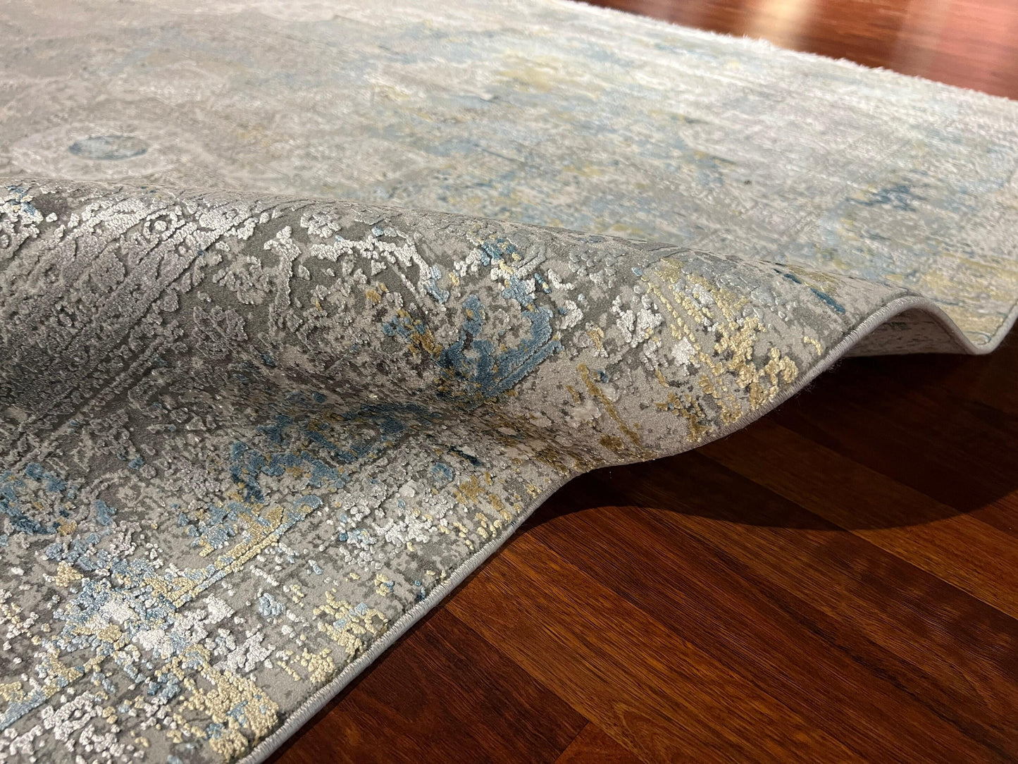 5x8 Bamboo Silk Rug, Gray Beige Rug, Blue Gold Distressed Medallion, Turkish Area Rug