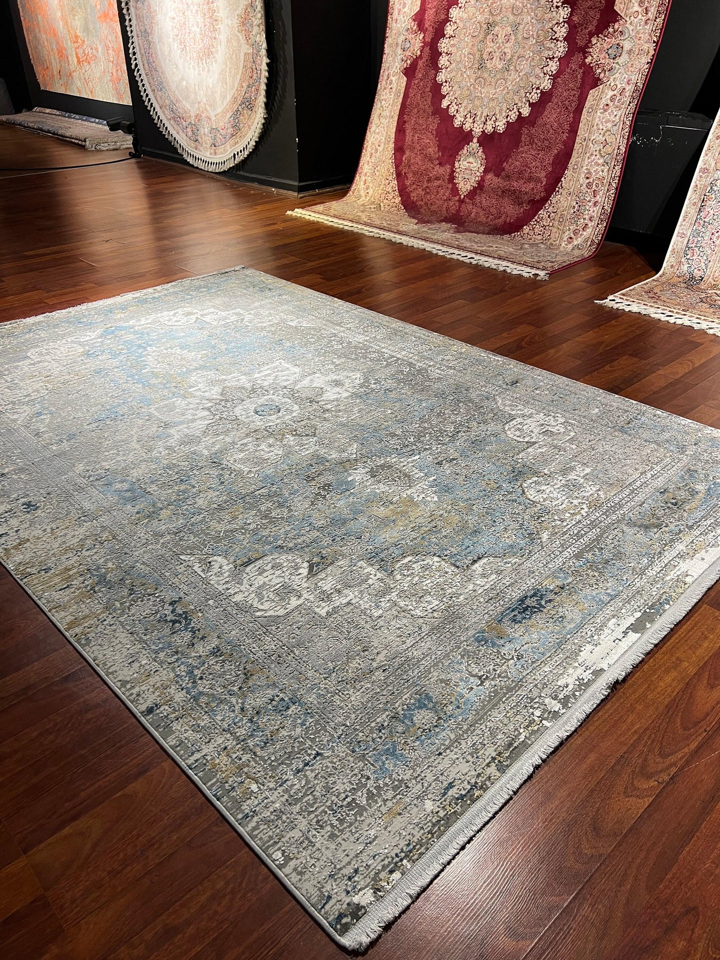 5x8 Bamboo Silk Rug, Gray Beige Rug, Blue Gold Distressed Medallion, Turkish Area Rug