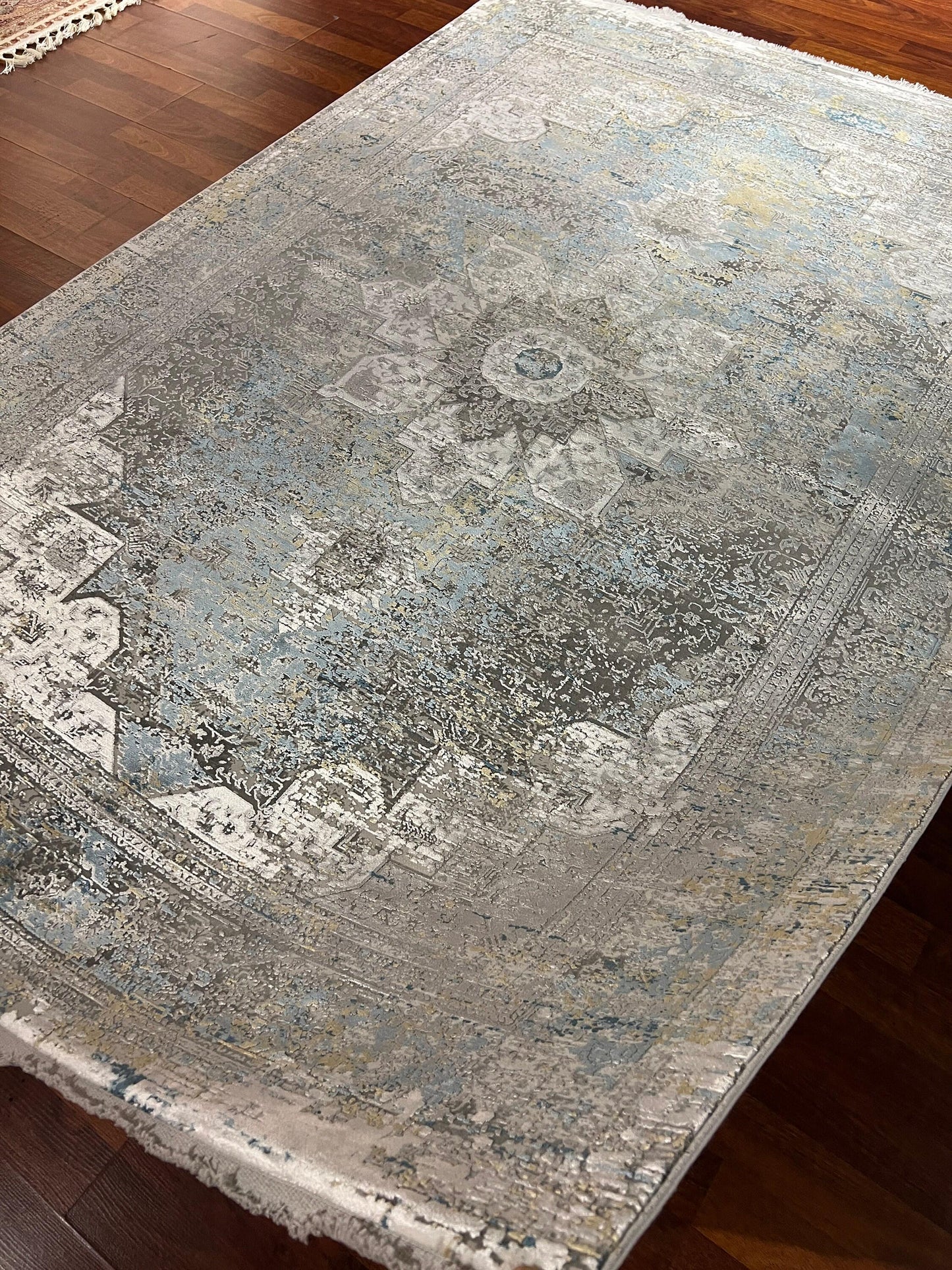 5x8 Bamboo Silk Rug, Gray Beige Rug, Blue Gold Distressed Medallion, Turkish Area Rug