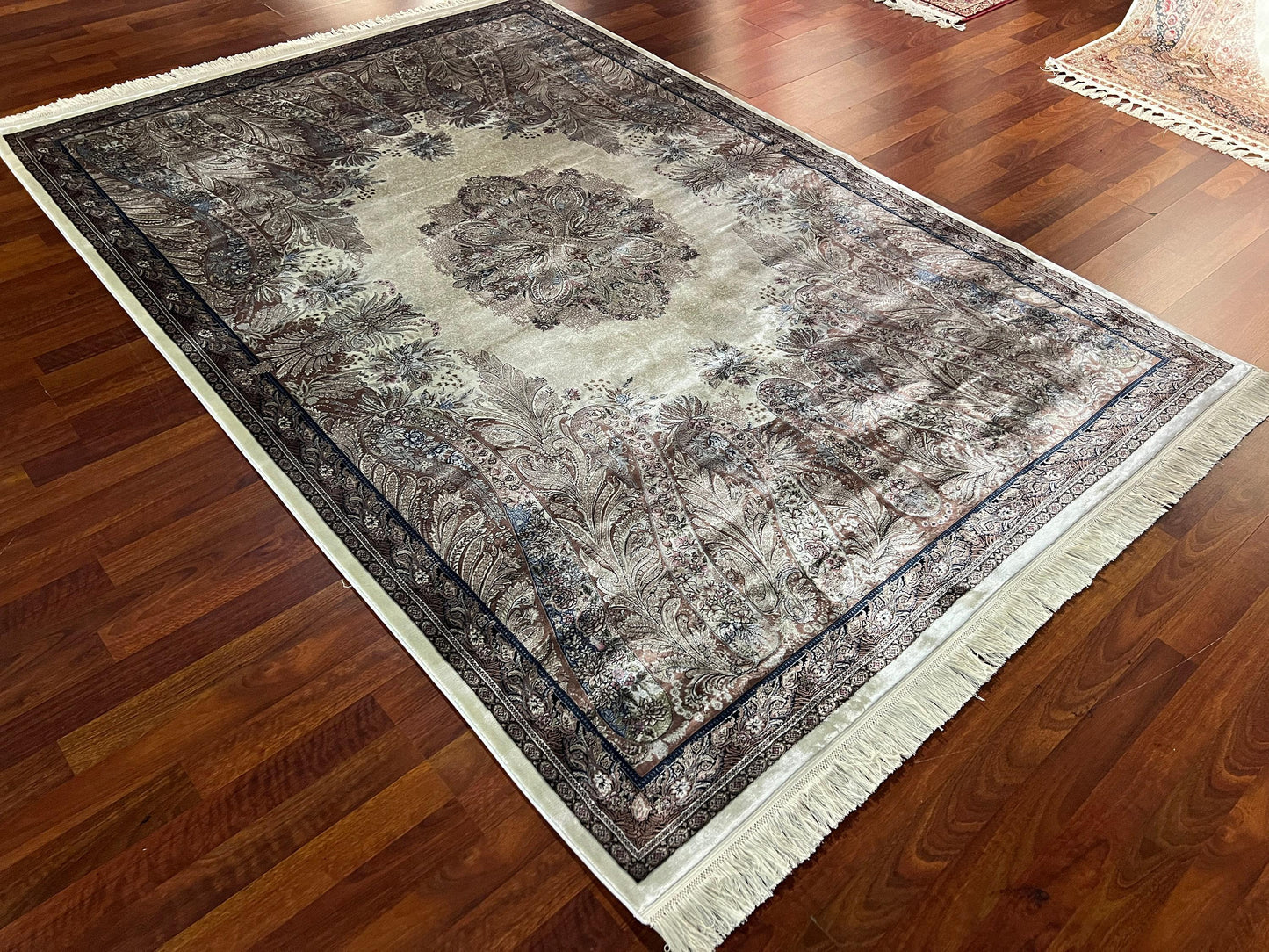 5x8 Beige Silk Rug, Bamboo Silk Carpet, Palace Floral Design, Turkish Area Rug