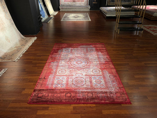 5x8 Red Silk Rug, Bamboo Silk Turkish Rug, Vintage Medallion Area Rug
