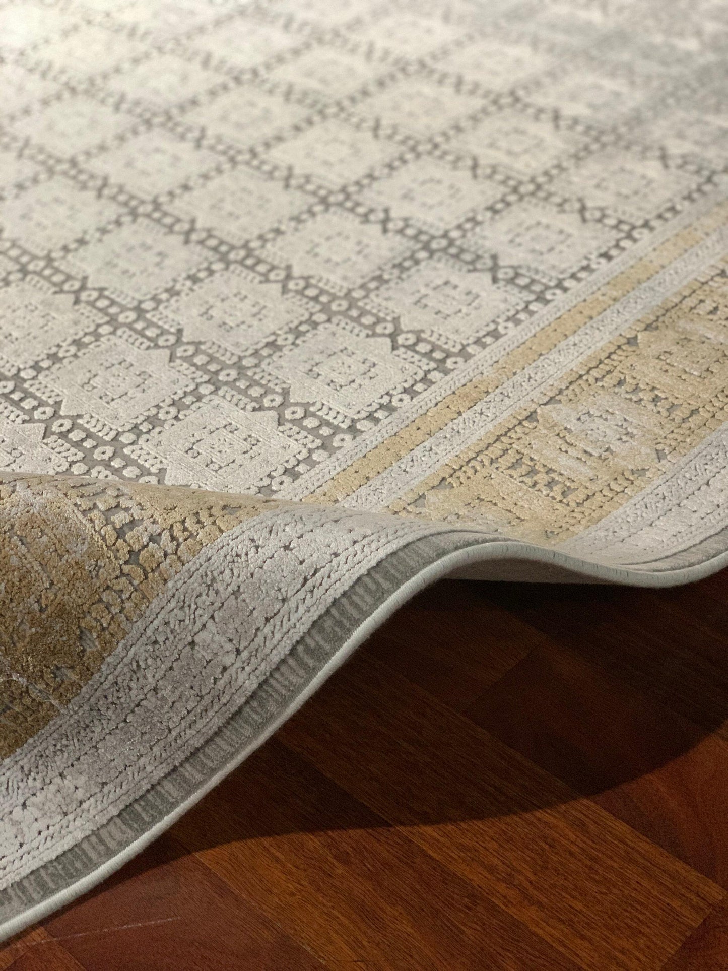 5x8 Area Rug, Beige Gold Bamboo Rug, Square Pattern, Turkish Modern Carpet, Neutral Decor