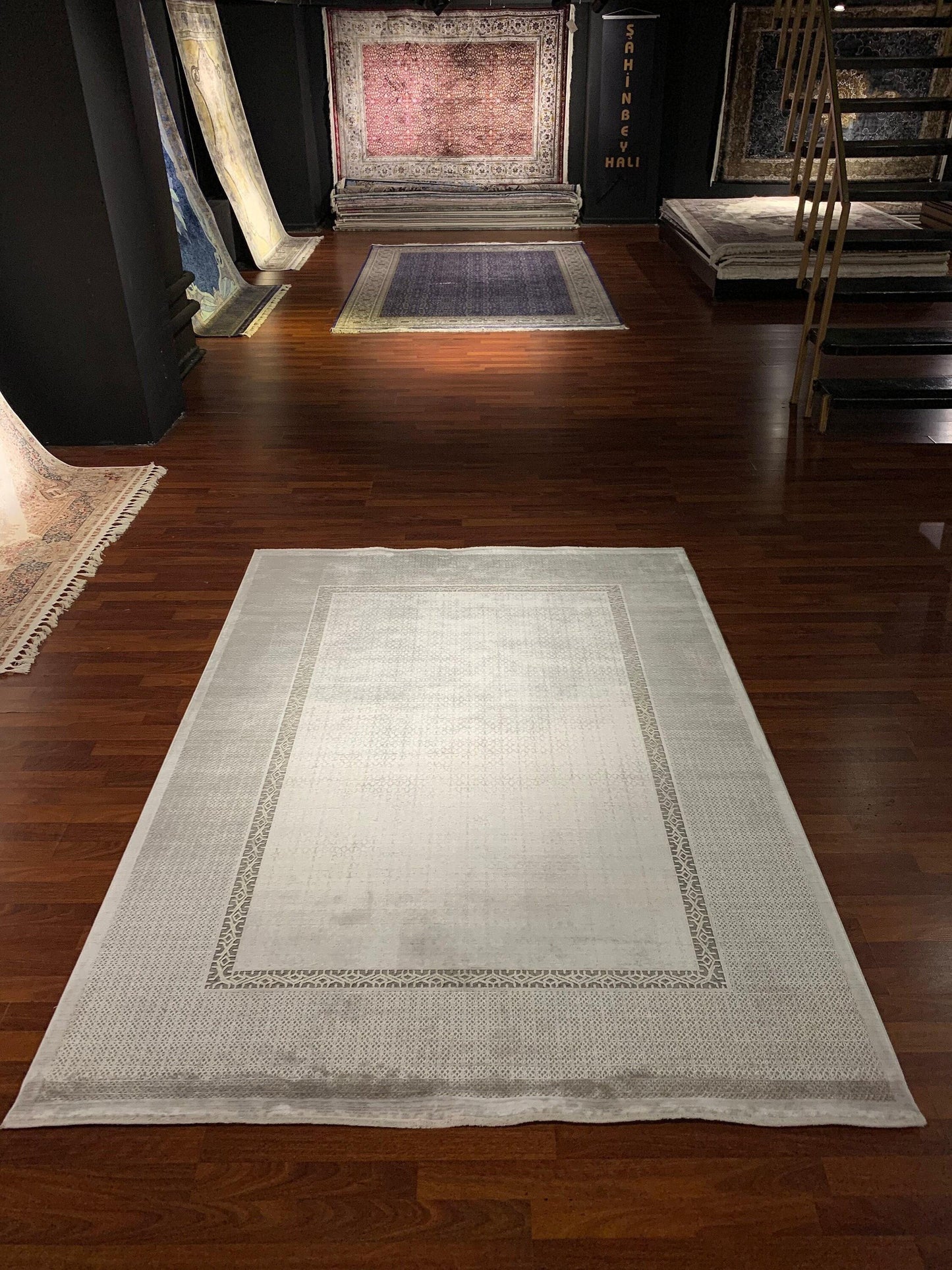 5x8 Area Rug, Beige Bamboo Rug, Minimal Border Design, Turkish Modern Carpet