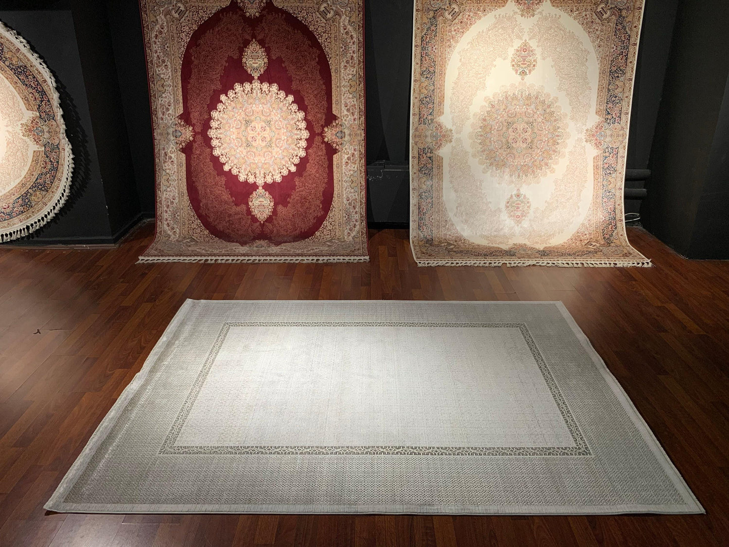 5x8 Area Rug, Beige Bamboo Rug, Minimal Border Design, Turkish Modern Carpet