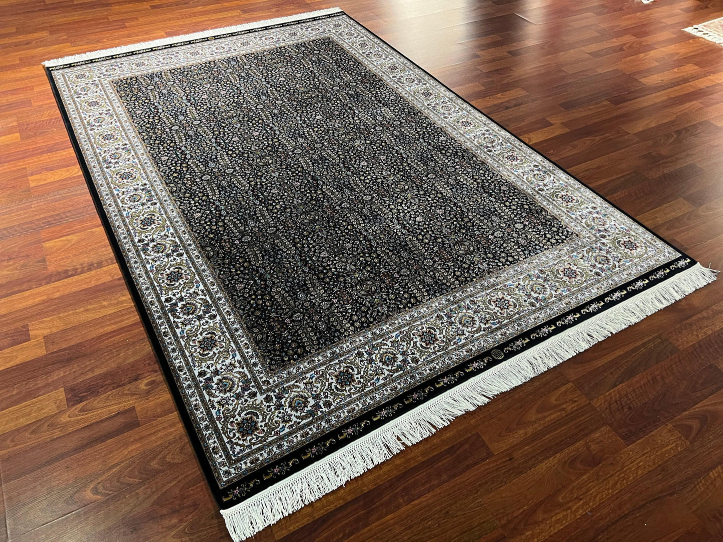 Beige Bamboo Silk Rug, 5x8 Area Rug, Turkish Rug 5x8, Palace Floral, Neutral Decor