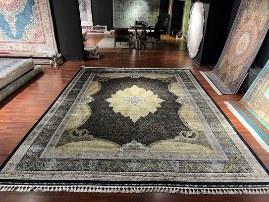 10x20 Gold Silk Rug, Traditional Living Room Carpet, Luxury Turkish Area Rug