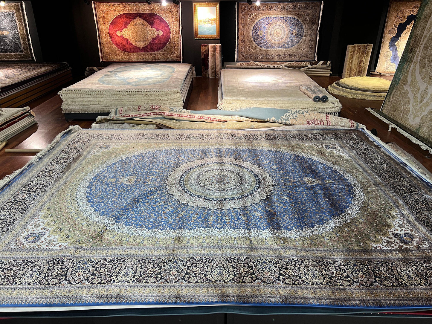 10x13 Blue Silk Rug, Luxury Living Room Carpet, Traditional Oriental Bamboo Silk Rug