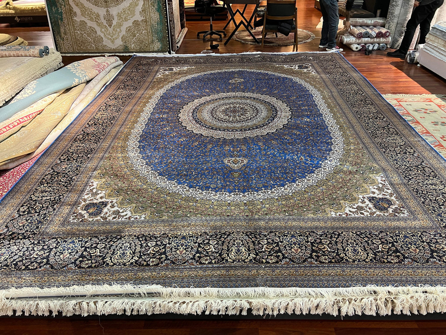 10x13 Blue Silk Rug, Luxury Living Room Carpet, Traditional Oriental Bamboo Silk Rug